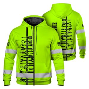 Hi Vis Zip Hoodie Shirt Reflective Tapes Lime Neon Mechanic Custom Name Safety Workwear For Mechanists,Truckers, Operators