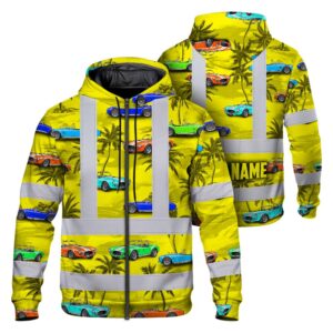 Hi Vis Zip Hoodie Shirt Reflective Tapes Yellow Car Tree Custom Name Safety Workwear For Mechanics, Truckers, Operators