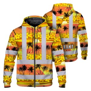 Hi Vis Zip Hoodie Shirt Reflective Tapes Gradient Orange Yellow Neon Waves Custom Name Safety Workwear For Mechanics, Truckers, Operators