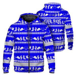 Hi Vis Zip Hoodie Shirt Reflective Tapes Blue Neon White Cowboy Custom Name Safety Workwear For Mechanics, Operators