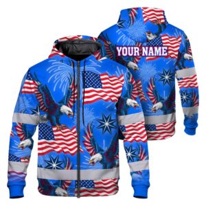 Hi Vis Zip Hoodie Shirt Reflective Tapes US Flag Blue Custom Name Safety Workwear For Workers, Truckers, Operators