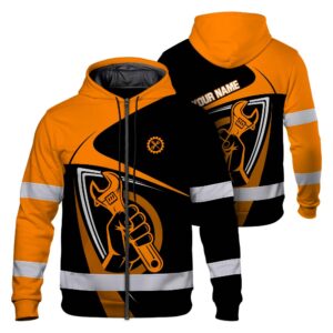 Hi Vis Zip Hoodie Shirt Reflective Tapes Orange Neon Mechanic Custom Name Safety Workwear For Mechanists, Operators