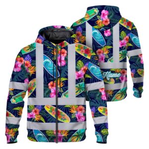 Hi Vis Zip Hoodie Shirt Reflective Tapes Surfboard Flower Custom Name Safety Workwear For Mechanics, Truckers, Operators