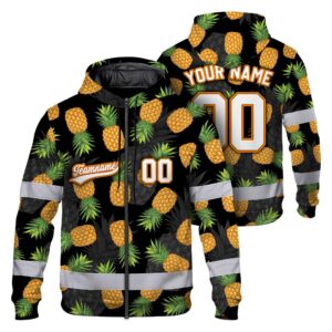 Hi Vis Zip Hoodie Shirt Reflective Tapes Orange Pineapple Custom Name And Number Safety Workwear For Truckers, Operators, Team