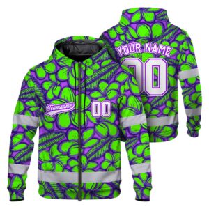 Hi Vis Zip Hoodie Shirt Reflective Tapes Green Violet Flower Custom Name And Number Safety Workwear For Operators, Team