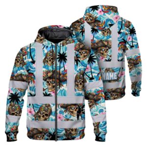 Hi Vis Zip Hoodie Shirt Reflective Tapes Blue Flower Skull Boat Custom Name Safety Workwear For Truckers, Operators