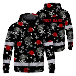 Hi Vis Zip Hoodie Shirt Reflective Tapes Black Red Flower Skull Boat Custom Name Safety Workwear For Truckers, Operators