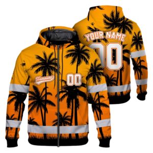 Hi Vis Zip Hoodie Shirt Reflective Tapes Orange Black Flower Custom Name And Number Safety Workwear For Truckers, Operators, Team