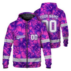 Hi Vis Zip Hoodie Shirt Reflective Tapes Pink Violet Orchid Custom Name And Number Safety Workwear For Truckers, Operators, Team