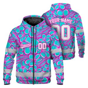 Hi Vis Zip Hoodie Shirt Reflective Tapes Blue Pink Flower 3 Custom Name And Number Safety Workwear For Truckers, Operators, Team
