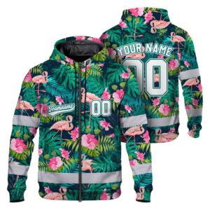 Hi Vis Zip Hoodie Shirt Reflective Tapes Flamingo Flower Custom Name And Number Safety Workwear For Truckers, Operators, Team