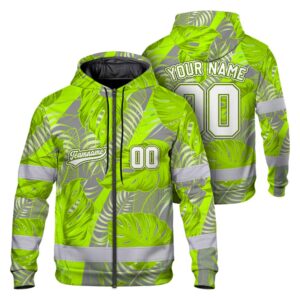 Hi Vis Zip Hoodie Shirt Reflective Tapes Green Gray Leaf Custom Name And Number Safety Workwear For Truckers, Operators, Team