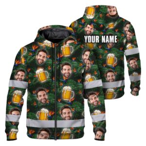 Hi Vis Zip Hoodie Shirt Reflective Tapes Green Orange Drink Tropical Custom Name Safety Workwear For Truckers, Operators