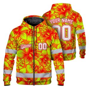 Hi Vis Zip Hoodie Shirt Reflective Tapes Lime Orange Orchid Custom Name And Number Safety Workwear For Truckers, Operators, Team