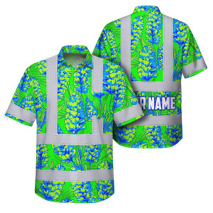 Hi Vis Hawaiian Shirt Reflective Tapes Green Blue Lavender Custom Name Safety Workwear For Workers, Truckers, Operators
