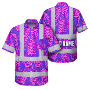 Hi Vis Hawaiian Shirt Reflective Tapes Violet Pink Lavender Custom Name Safety Workwear For Workers, Truckers, Operators