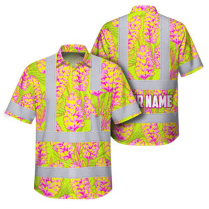 Hi Vis Hawaiian Shirt Reflective Tapes Yellow Pink Lavender Custom Name Safety Workwear For Workers, Truckers, Operators