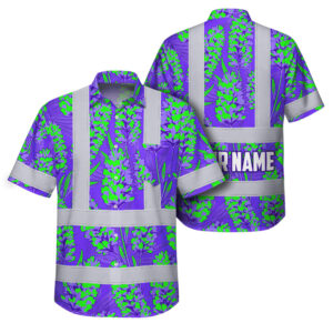 Hi Vis Hawaiian Shirt Reflective Tapes Violet Green Lavender Custom Name Safety Workwear For Workers, Truckers, Operators