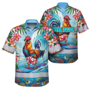 Hi Vis Hawaiian Shirt Reflective Tapes Funny Chicken Custom Name Safety Workwear For Workers, Truckers, Operators, Farm