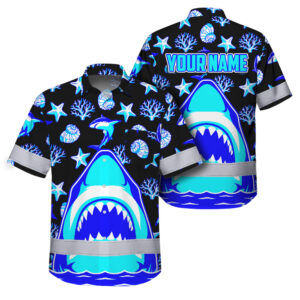 Hi Vis Hawaiian Shirt Reflective Tapes Funny Blue Shark Custom Name Safety Workwear For Workers, Truckers, Operators, Farm