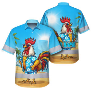 Hi Vis Hawaiian Shirt Reflective Tapes Funny Chicken 2 Custom Name Safety Workwear For Workers, Truckers, Operators, Farm