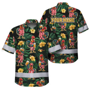 Hi Vis Hawaiian Shirt Reflective Tapes Funny Chicken Beer Custom Name Safety Workwear For Workers, Truckers, Operators, Farm