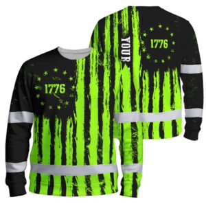 Hi Vis Long Sleeve Shirt Reflective Tapes Green Neon US Flag Custom Name Safety Workwear For Workers, Truckers, Operators