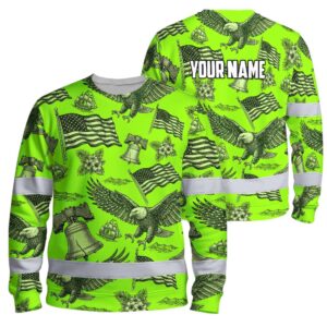 Hi Vis Long Sleeve Shirt Reflective Tapes Lime Neon US Flag Flower Custom Name Safety Workwear For Truckers, Operators