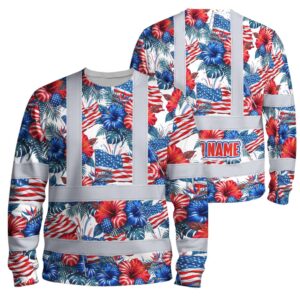 Hi Vis Long Sleeve Shirt Reflective Tapes US Flag Blue And Red Custom Name Safety Workwear For Workers, Truckers, Operators