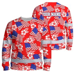 Hi Vis Long Sleeve Shirt Reflective Tapes Red Neon US Flag Custom Name Safety Workwear For Workers, Truckers, Operators