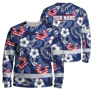 Hi Vis Long Sleeve Reflective Tapes US Flag Flower 02 Custom Name Safety Workwear For Workers, Truckers, Operators