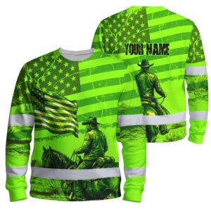 Hi Vis Long Sleeve Reflective Tapes Green Neon US Cowboy Custom Name Safety Workwear For Mechanics, Operators