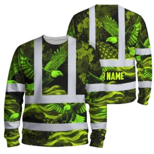 Hi Vis Long Sleeve Reflective Tapes US Flag Lime Neon Eagles Custom Name Safety Workwear For Truckers, Operators