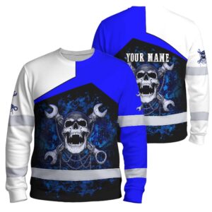 Hi Vis Long Sleeve Reflective Tapes White Blue Neon Mechanic Custom Name Safety Workwear For Mechanists, Operators