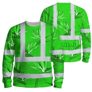 Hi Vis Long Sleeve Reflective Tapes Green Neon Flowers Custom Name Safety Workwear For Workers, Truckers, Operators