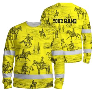 Hi Vis Long Sleeve Reflective Tapes Yellow Neon Cowboy Custom Name Safety Workwear For Mechanics, Truckers, Operators