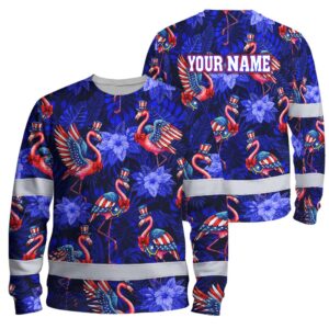 Hi Vis Long Sleeve Reflective Tapes Flamingo US Flag Custom Name Safety Workwear For Workers, Truckers, Operators