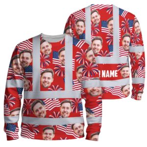 Hi Vis Long Sleeve Shirt Reflective Tapes US Flag Blue Red 3 Custom Name And Image Safety Workwear For Truckers, Operators