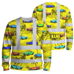 Hi Vis Long Sleeve Shirt Reflective Tapes Yellow Car Tree Custom Name Safety Workwear For Mechanics, Truckers, Operators