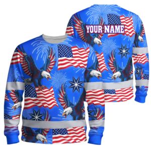 Hi Vis Long Sleeve Shirt Reflective Tapes US Flag Blue Custom Name Safety Workwear For Workers, Truckers, Operators