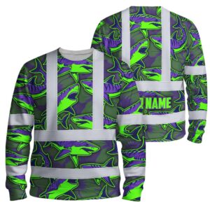 Hi Vis Long Sleeve Shirt Reflective Tapes Green Violet Shark Custom Name Safety Workwear For Mechanics, Truckers, Operators