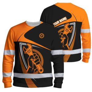 Hi Vis Long Sleeve Shirt Reflective Tapes Orange Neon Mechanic Custom Name Safety Workwear For Mechanists, Operators