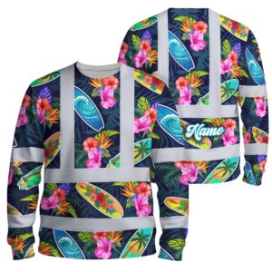 Hi Vis Long Sleeve Shirt Reflective Tapes Surfboard Flower Custom Name Safety Workwear For Mechanics, Truckers, Operators
