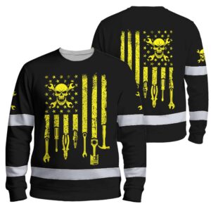 Hi Vis Long Sleeve Shirt Reflective Tapes Yellow US Flag Mechanic Custom Name Safety Workwear For Mechanists, Operators