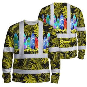 Hi Vis Long Sleeve Shirt Reflective Tapes Yellow Surfboard Flower Custom Name Safety Workwear For Mechanics, Operators