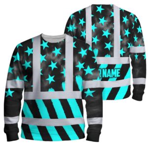 Hi Vis Long Sleeve Shirt Reflective Tapes Blue Neon US Flag Custom Name Safety Workwear For Workers, Truckers, Operators