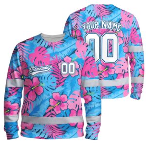 Hi Vis Long Sleeve Shirt Reflective Tapes Pink Blue Flower Custom Name And Number Safety Workwear For Truckers, Operators, Team