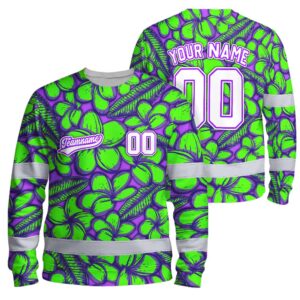 Hi Vis Long Sleeve Shirt Reflective Tapes Green Violet Flower Custom Name And Number Safety Workwear For Operators, Team