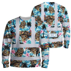 Hi Vis Long Sleeve Shirt Reflective Tapes Blue Flower Skull Boat Custom Name Safety Workwear For Truckers, Operators
