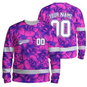 Hi Vis Long Sleeve Shirt Reflective Tapes Pink Violet Orchid Custom Name And Number Safety Workwear For Truckers, Operators, Team